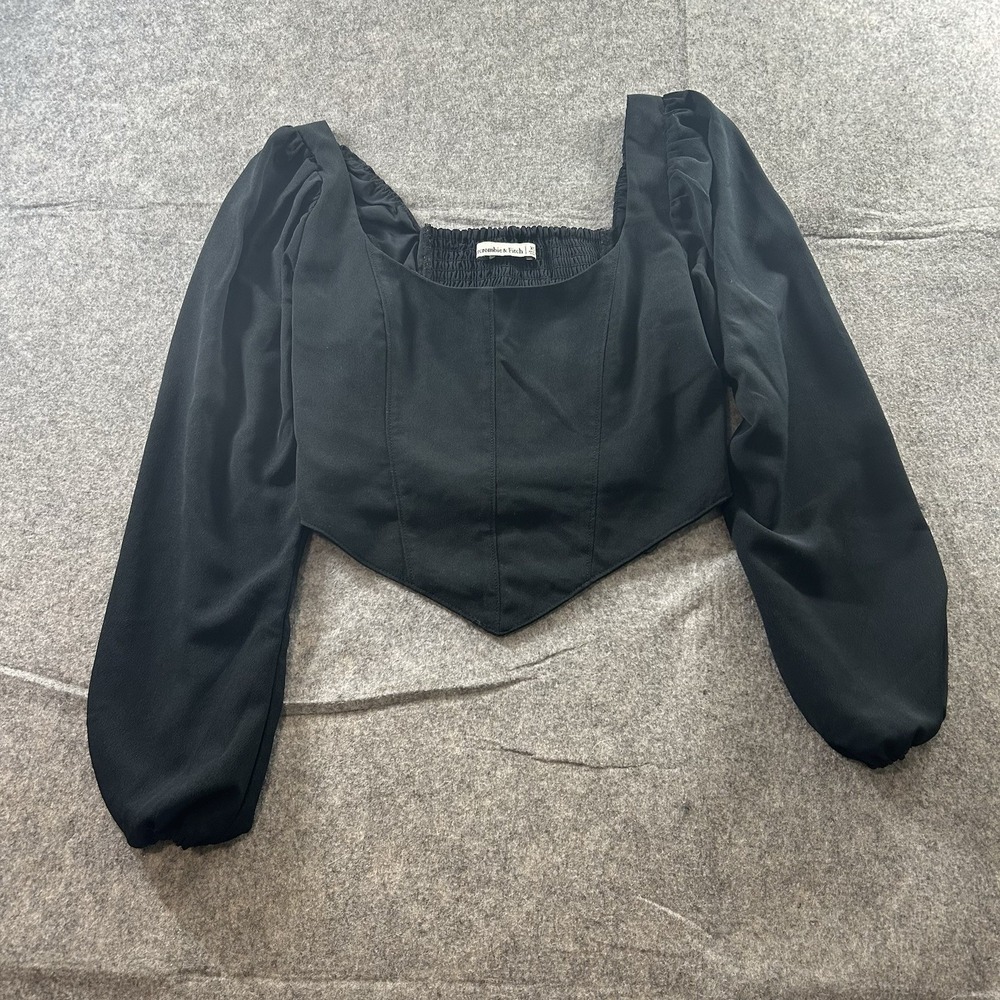 Abercrombie & Fitch Top Womens XS Satin Black Pointed Hem Puff Sleeve